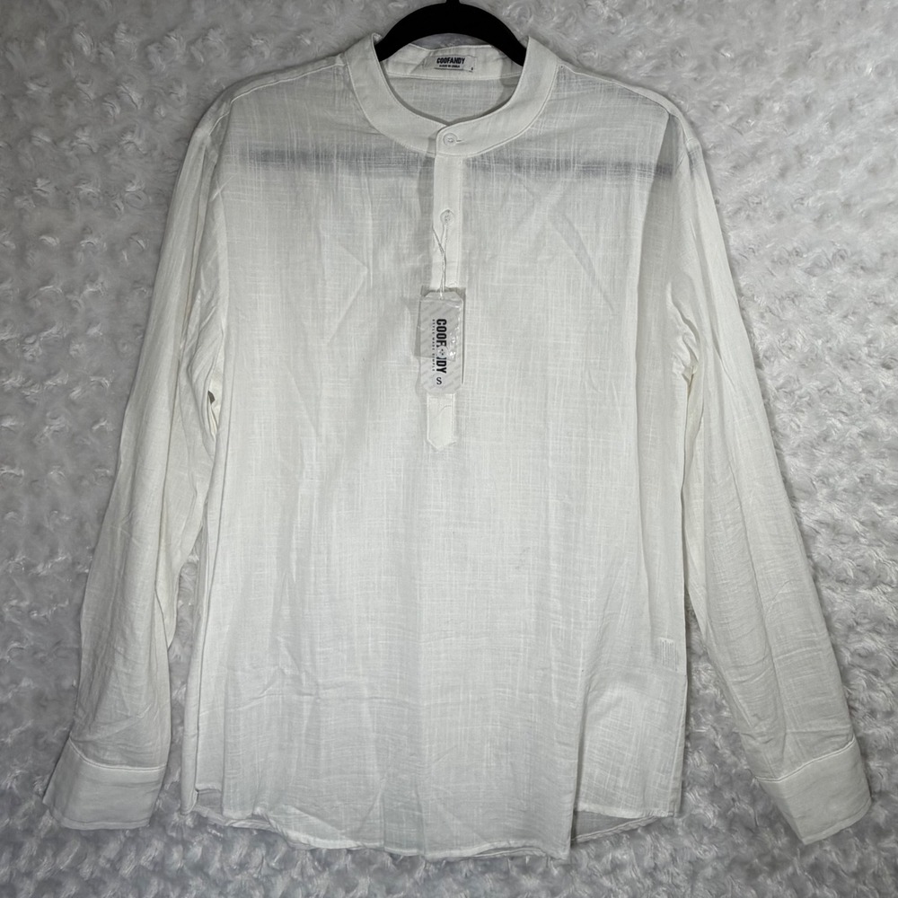 Coofandy Women Size S White Cotton Hemp Henley Band Collar Long Sleeve Shirt NWT